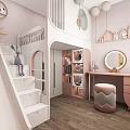 Kids Room With Loft Bed Staircase Pink Walls Bookshelf Desk And Round Mirror