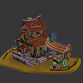 Rustic Cottage Building With Tiled Roof Chimney Stone Steps And Outdoor Fireplace Cart