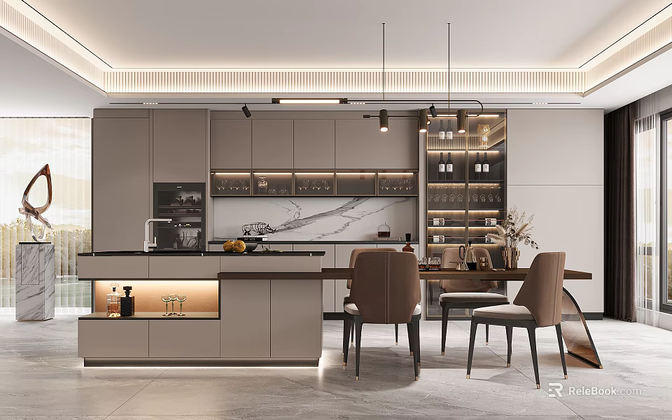 Modern Restaurant Open Kitchen Design With Island Counter Cabinets And Dining Chairs 3d model 
