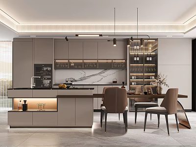 Modern Restaurant Open Kitchen Design With Island Counter Cabinets And Dining Chairs 3d model