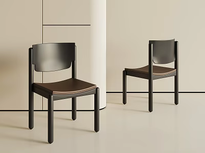 Modern Minimalist Solid Wood Dining Chairs With Brown Leather Seats For Elegant Simple Dining Spaces 3d model