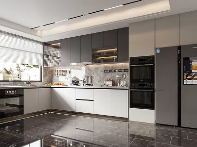 Modern Kitchen Interior With Gray And White Cabinets Island Counter And Appliances 3d model