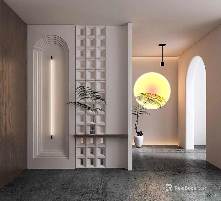 Modern Entryway Hallway Interior With Lattice Partition Wall Lamp And Potted Plant Decor 3d model 