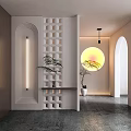 Modern Entryway Hallway Interior With Lattice Partition Wall Lamp And Potted Plant Decor
