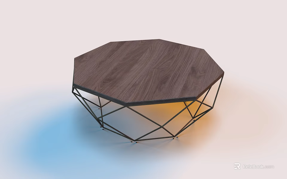 Modern Octagonal Coffee Table With Wooden Tabletop And Black Metal Frame 3d model 