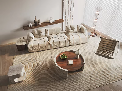 Modern Sectional Sofa in Living Room with Soft Cushions Round Coffee Table and Floor Lamp 3d model