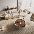 Modern Sectional Sofa in Living Room with Soft Cushions Round Coffee Table and Floor Lamp