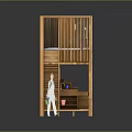 Wooden Multi Layer Storage Structure With Louvered Panels And Small Figure Holding Green Items