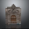 Antique Stone Portal Featuring Carved Architectural Details Wooden Double Door And Brick Frame