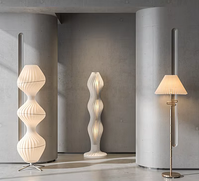 Stylish Modern Floor Lamps Featuring Spiral Wave And Classic Designs In Minimalist Room 3d model