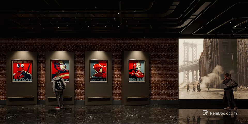 Modern Cinema Interior With Brick Wall Superhero Posters Large Screen And Marble Floor 3d model 