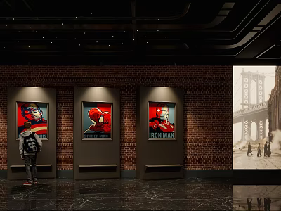 Modern Cinema Interior With Brick Wall Superhero Posters Large Screen And Marble Floor 3d model