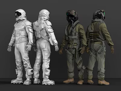 Men In Space And Military Flight Suits Standing Back View 3d model