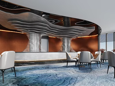 Modern Hotel Lobby Interior Design With Curved Ceiling Wavy Decor White Chairs And Blue Carpet 3d model