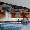 Modern Hotel Lobby Interior Design With Curved Ceiling Wavy Decor White Chairs And Blue Carpet