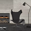 Plush Accent Chair with Blanket by Fireplace Flames Floor Lamp and Striped Wall Rug