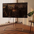 TV Screen Showing Stunning Mountain Sunset Scenery With Ancient Castle And Decor Plants