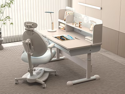 Kids Desk Adjustable Height with Bookshelf and Desk Lamp for Children Study Area Modern Design 3d model