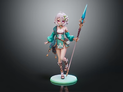 Anime Style Fantasy Character With Pink Hair Green Blue Decorative Outfit And Spear 3d model