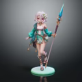 Anime Style Fantasy Character With Pink Hair Green Blue Decorative Outfit And Spear
