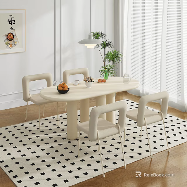 Modern White Dining Table Set with Sleek Chairs Fruit Bowl Potted Plant and Checkered Rug 3d model 