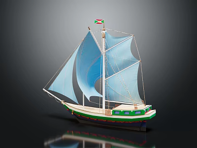 Sailboat Model With Blue Sails Green And White Hull And Flag On Mast 3d model