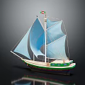 Sailboat Model With Blue Sails Green And White Hull And Flag On Mast