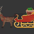 Decorated Brown Reindeer Pulling Red Sleigh With Stacked Green Gifts And Gold Trim