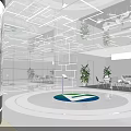 Modern Sales Office Interior Design With Glass Walls Circular Platform And Green Plants