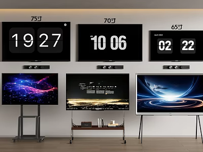 75 70 65 Inch Televisions Showing Time and Dynamic Scenes Mounted on Walls and Stands 3d model