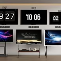 75 70 65 Inch Televisions Showing Time and Dynamic Scenes Mounted on Walls and Stands