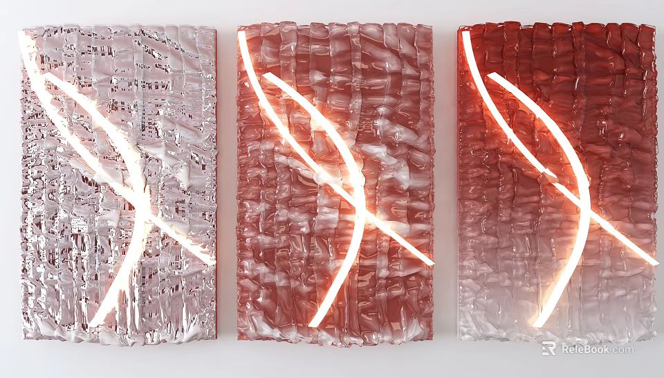 Textured Wall Decor With Illuminated Curved Lines In Silver And Red Shimmering Surface 3d model 