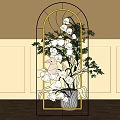 Stained Glass Window With White Flowers Green Leaves And Potted Plant on Beige Wall And Wooden Floor