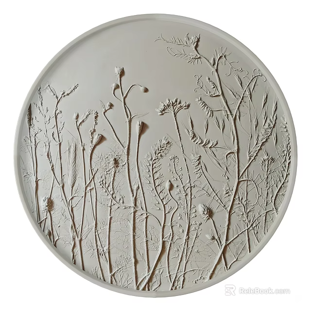 Round White Wall Decor with Embossed Natural Plant Patterns Minimalist Design 3d model