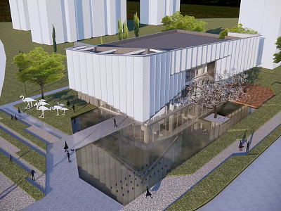 Modern Sales Office Building with Glass Facade Green Landscape Water Feature and Pedestrian Walkway 3d model