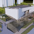 Modern Sales Office Building with Glass Facade Green Landscape Water Feature and Pedestrian Walkway