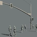 Group of People Walking on Urban Street with Traffic Lights and Street Lamp