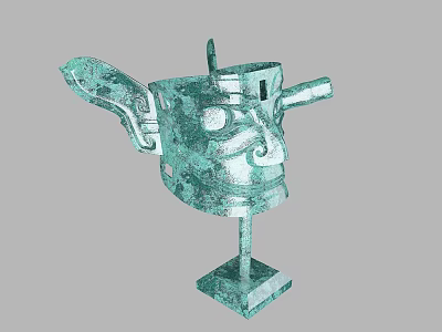 Ancient Bronze Head Sculpture with Intricate Facial Features and Ear Details on Square Base 3d model