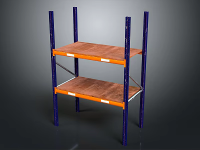 Two Level Storage Rack With Blue Metal Frames And Brown Wooden Shelves 3d model