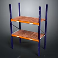 Two Level Storage Rack With Blue Metal Frames And Brown Wooden Shelves