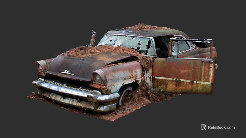 Rusty Old Abandoned Car With Open Door Covered In Moss And Dirt 3d model 