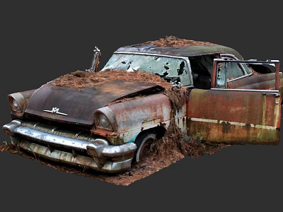 Rusty Old Abandoned Car With Open Door Covered In Moss And Dirt 3d model