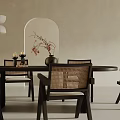 Minimalist Dining Table Set With Dark Wooden Table Rattan Chairs Arched Wall And Pendant Light