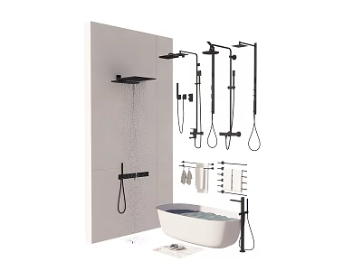 Modern Bathroom Interior With Freestanding Bathtub Black Shower Fixtures And Towel Rack 3d model