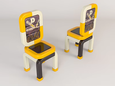 Pair of Modern Accent Chairs With Yellow White Frame And Patterned Backrest Design 3d model