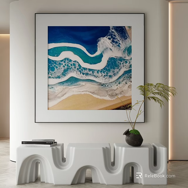 Abstract Painting Featuring Blue White Waves And Sand Beach Elements 3d model