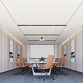 Modern Conference Room Interior With Long Table Chairs Pendant Lights And Large Windows