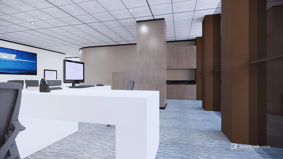 Modern Public Office Space Design With White Desks And Wooden Partitions 3d model 