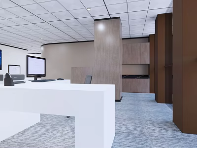Modern Public Office Space Design With White Desks And Wooden Partitions 3d model