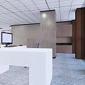 Modern Public Office Space Design With White Desks And Wooden Partitions